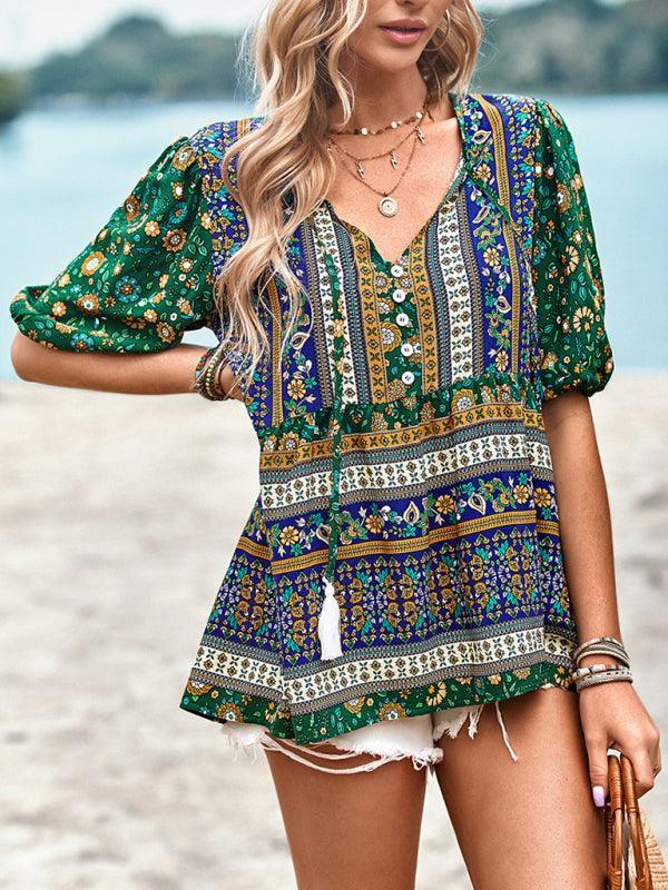 Ladies Casual Bohemian Printed Shirt Top - 808Lush