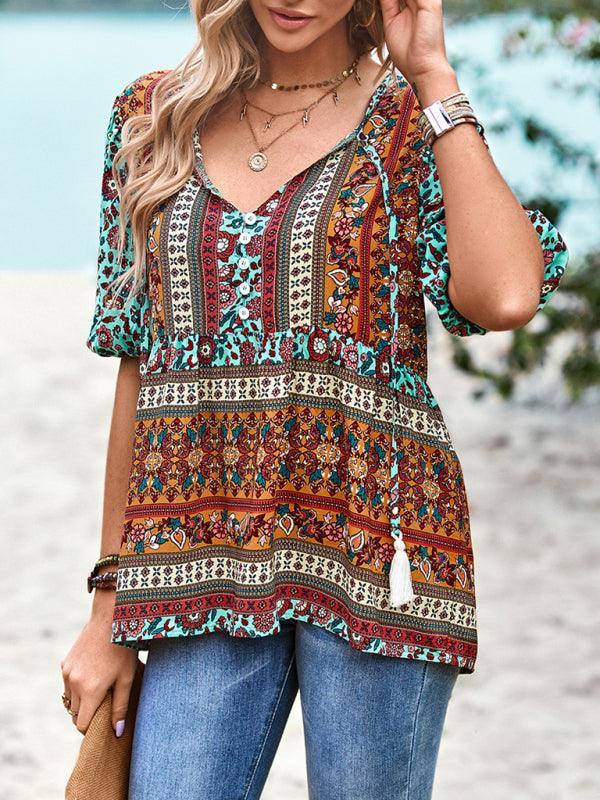 Ladies Casual Bohemian Printed Shirt Top - 808Lush