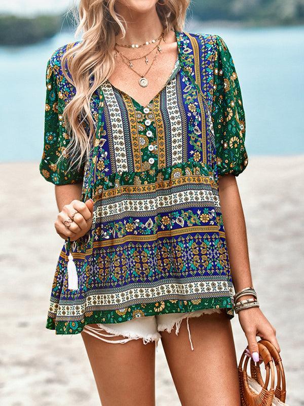 Ladies Casual Bohemian Printed Shirt Top - 808Lush