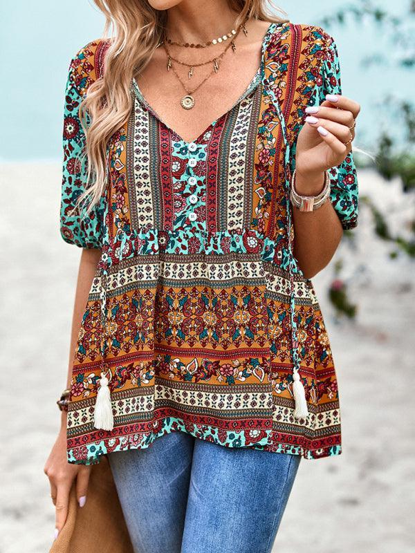 Ladies Casual Bohemian Printed Shirt Top - 808Lush