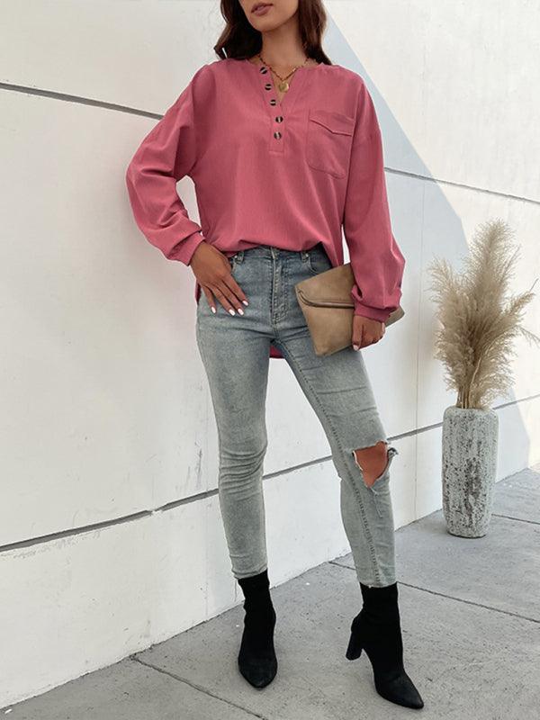 Ladies Casual Long Sleeve Solid Color Shirt - 808Lush