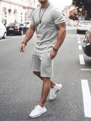 Men's Casual Solid Color Short Sleeve Shorts Two-Piece Set - 808Lush