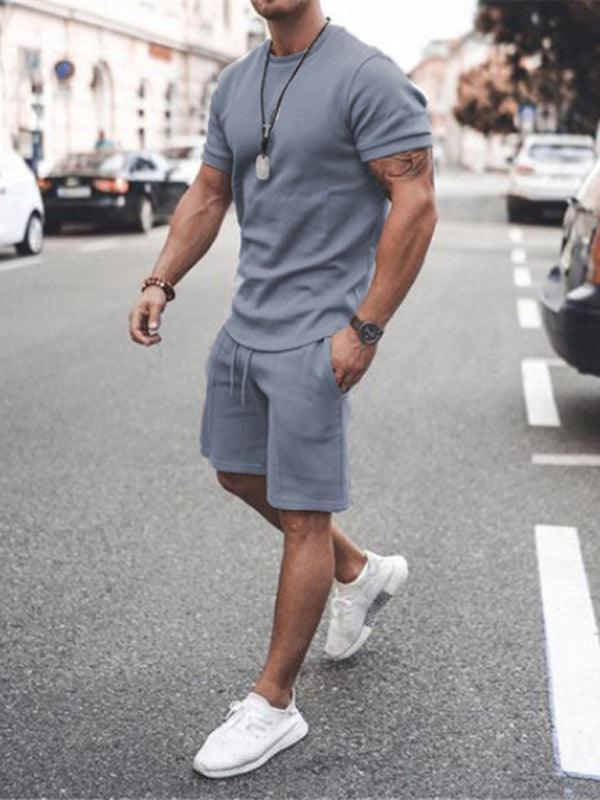 Men's Casual Solid Color Short Sleeve Shorts Two-Piece Set - 808Lush