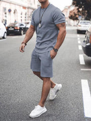 Men's Casual Solid Color Short Sleeve Shorts Two-Piece Set - 808Lush