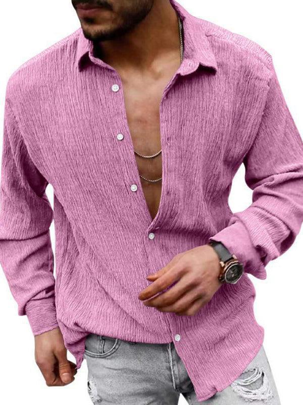 Men's Solid Color Casual Lapel Long Sleeve Shirt - 808Lush