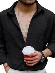 Men's Solid Color Casual Lapel Long Sleeve Shirt - 808Lush