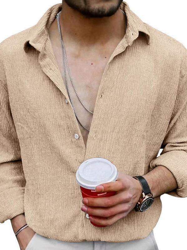 Men's Solid Color Casual Lapel Long Sleeve Shirt - 808Lush