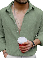 Men's Solid Color Casual Lapel Long Sleeve Shirt - 808Lush