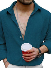 Men's Solid Color Casual Lapel Long Sleeve Shirt - 808Lush