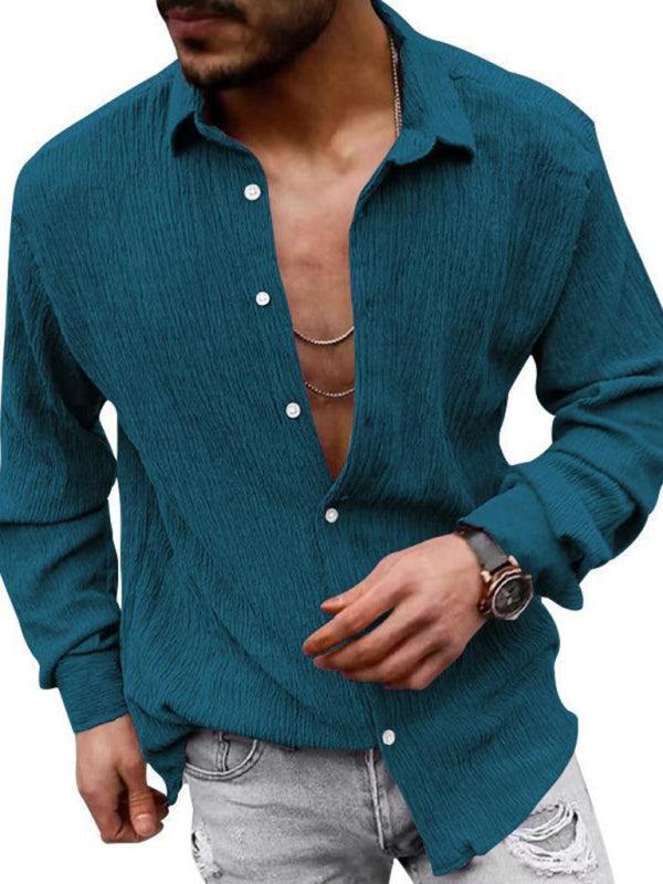 Men's Solid Color Casual Lapel Long Sleeve Shirt - 808Lush