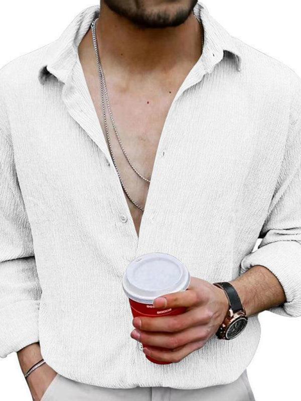 Men's Solid Color Casual Lapel Long Sleeve Shirt - 808Lush