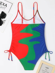 One-Piece Swimsuit Multicolor Stitching Drawstring Swimsuit - 808Lush