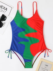One-Piece Swimsuit Multicolor Stitching Drawstring Swimsuit - 808Lush