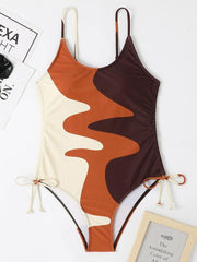 One-Piece Swimsuit Multicolor Stitching Drawstring Swimsuit - 808Lush