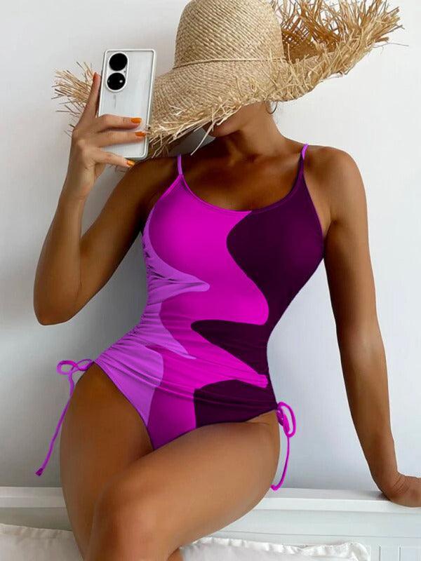 One-Piece Swimsuit Multicolor Stitching Drawstring Swimsuit - 808Lush