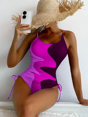 One-Piece Swimsuit Multicolor Stitching Drawstring Swimsuit - 808Lush