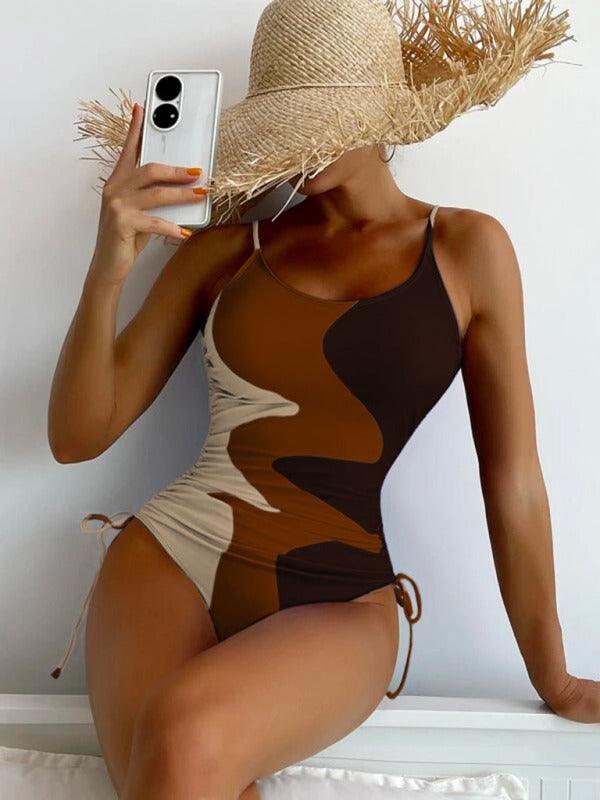 One-Piece Swimsuit Multicolor Stitching Drawstring Swimsuit - 808Lush