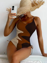 One-Piece Swimsuit Multicolor Stitching Drawstring Swimsuit - 808Lush