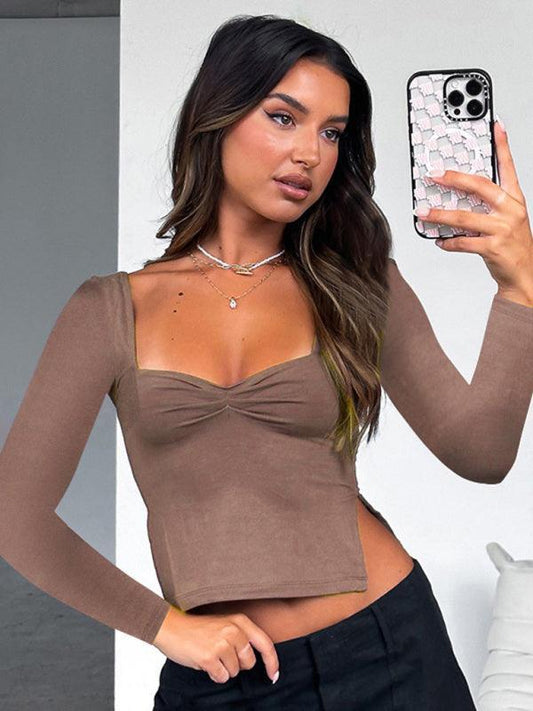 Square Neck Long Sleeve Gathered Side Slit Top T-Shirt - 808Lush