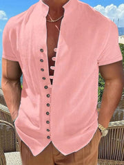 Vintage Button Stand Collar Short Sleeve Shirt - 808Lush