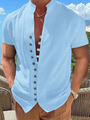 Vintage Button Stand Collar Short Sleeve Shirt - 808Lush