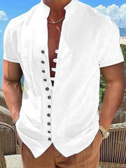 Vintage Button Stand Collar Short Sleeve Shirt - 808Lush