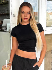 Round Neck Short Sleeve Basic T-Shirt - 808Lush