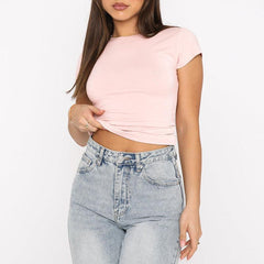 Round Neck Short Sleeve Basic T-Shirt - 808Lush