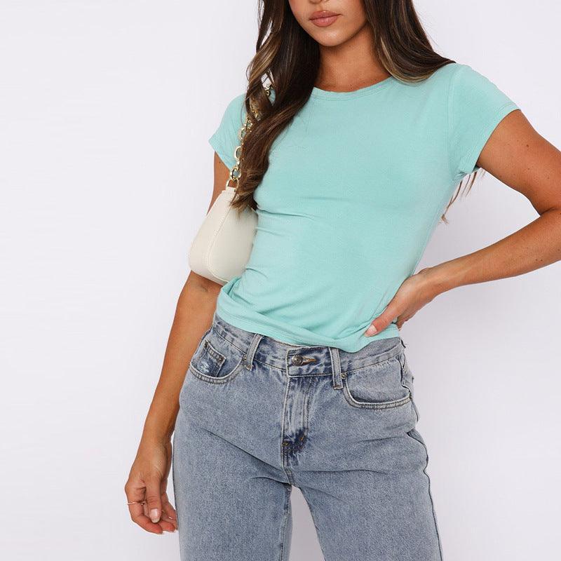 Round Neck Short Sleeve Basic T-Shirt - 808Lush