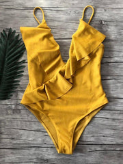 bikini solid color one-piece ruffled sexy shoulder swimsuit - 808Lush