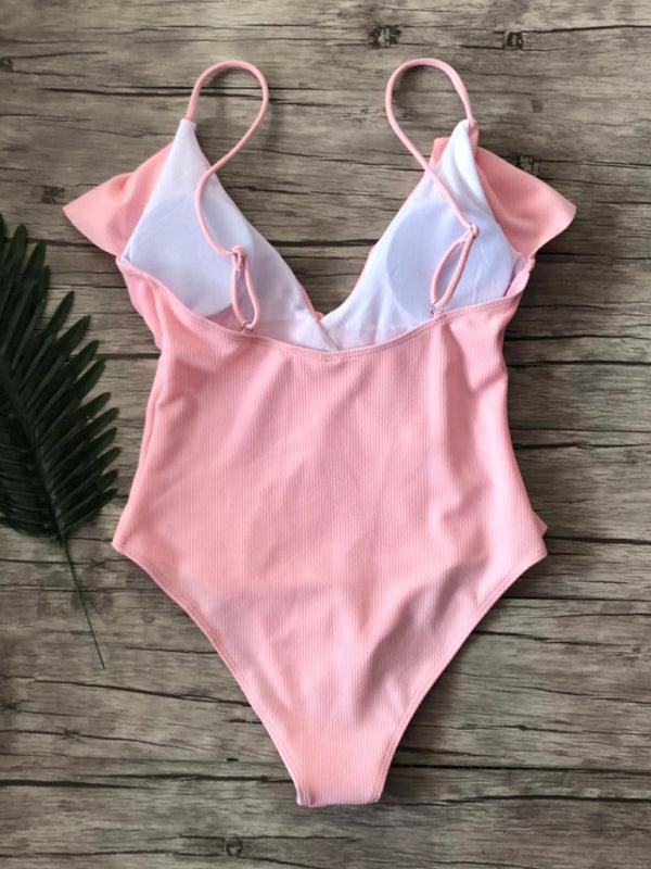 bikini solid color one-piece ruffled sexy shoulder swimsuit - 808Lush