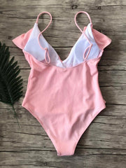 bikini solid color one-piece ruffled sexy shoulder swimsuit - 808Lush