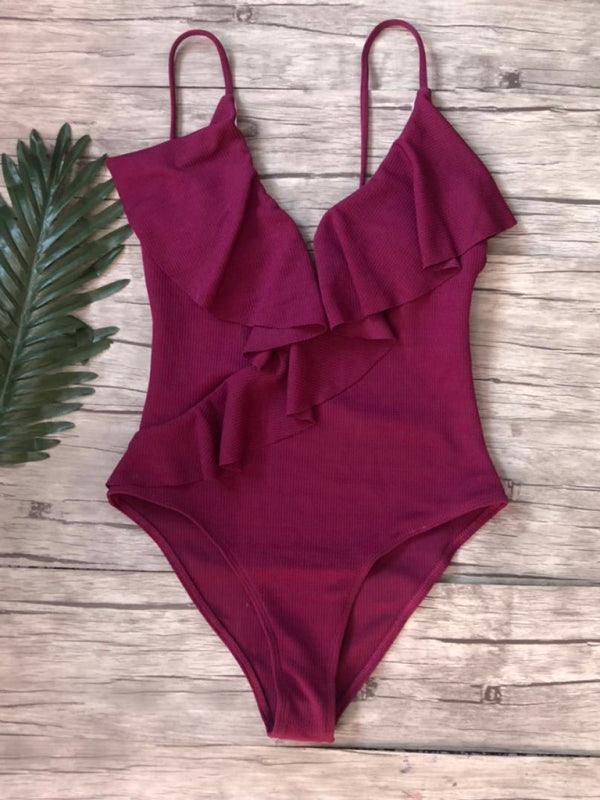 bikini solid color one-piece ruffled sexy shoulder swimsuit - 808Lush
