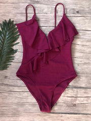 bikini solid color one-piece ruffled sexy shoulder swimsuit - 808Lush