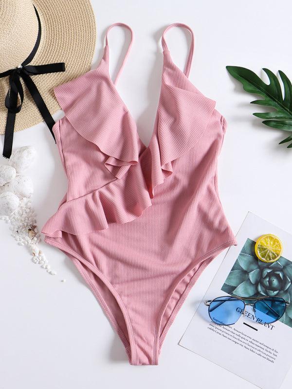 bikini solid color one-piece ruffled sexy shoulder swimsuit - 808Lush
