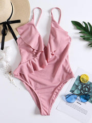 bikini solid color one-piece ruffled sexy shoulder swimsuit - 808Lush
