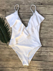 bikini solid color one-piece ruffled sexy shoulder swimsuit - 808Lush