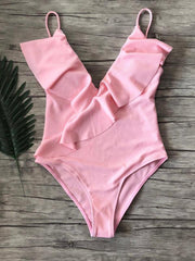 bikini solid color one-piece ruffled sexy shoulder swimsuit - 808Lush