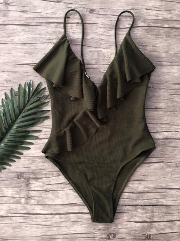 bikini solid color one-piece ruffled sexy shoulder swimsuit - 808Lush