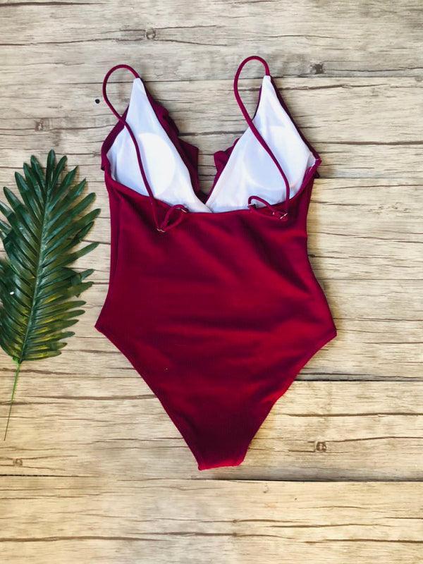 bikini solid color one-piece ruffled sexy shoulder swimsuit - 808Lush