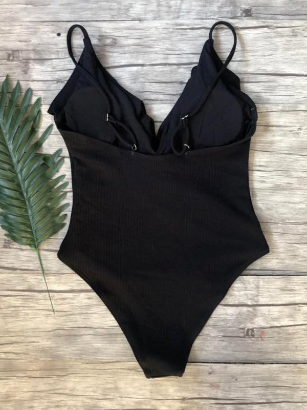 bikini solid color one-piece ruffled sexy shoulder swimsuit - 808Lush