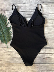 bikini solid color one-piece ruffled sexy shoulder swimsuit - 808Lush
