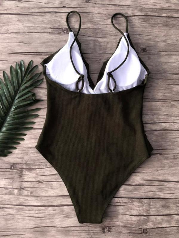 bikini solid color one-piece ruffled sexy shoulder swimsuit - 808Lush