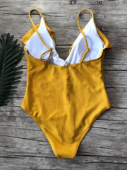 bikini solid color one-piece ruffled sexy shoulder swimsuit - 808Lush