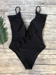 bikini solid color one-piece ruffled sexy shoulder swimsuit - 808Lush