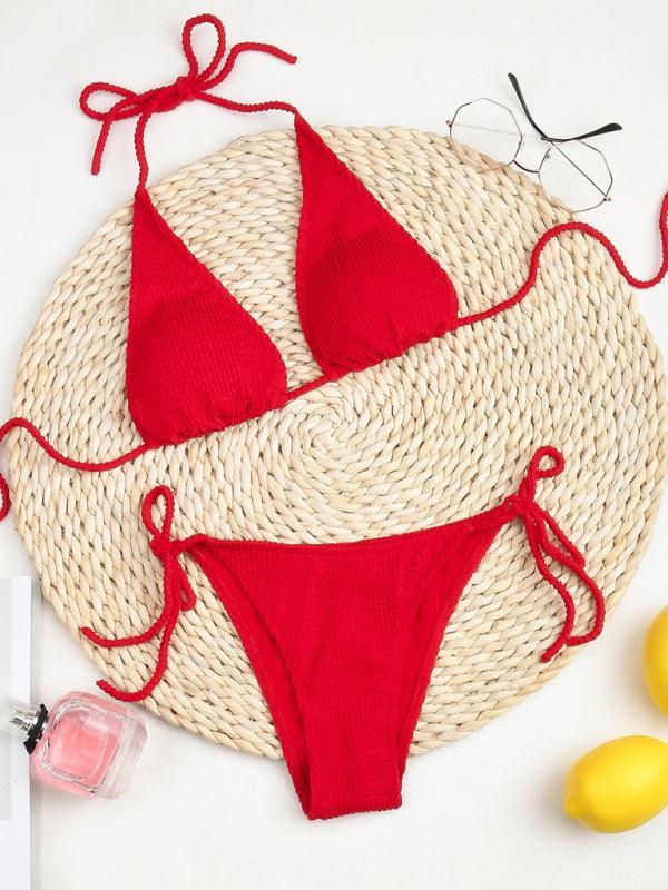 bikini solid color suit split strap sexy three-point swimsuit - 808Lush