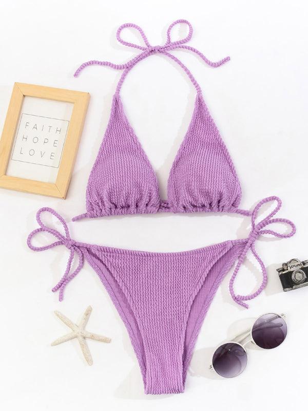 bikini solid color suit split strap sexy three-point swimsuit - 808Lush