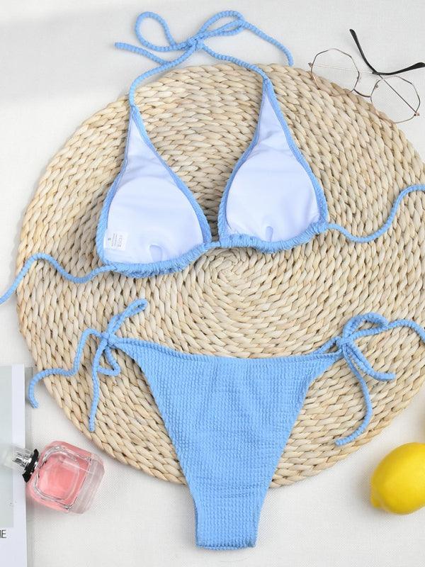 bikini solid color suit split strap sexy three-point swimsuit - 808Lush