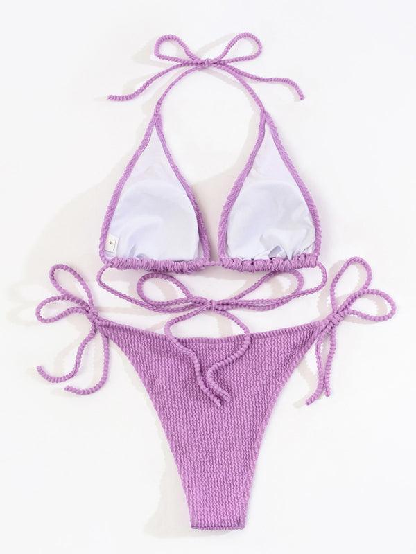 bikini solid color suit split strap sexy three-point swimsuit - 808Lush