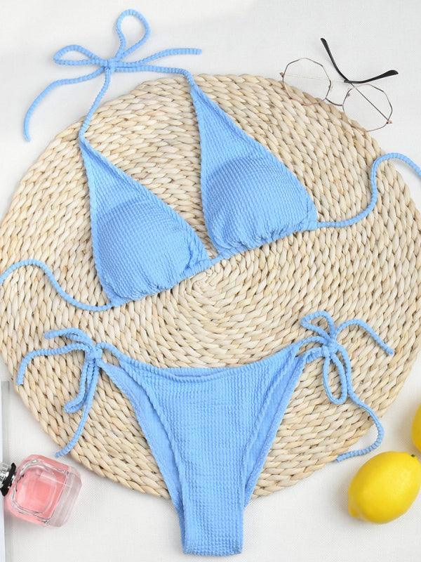 bikini solid color suit split strap sexy three-point swimsuit - 808Lush